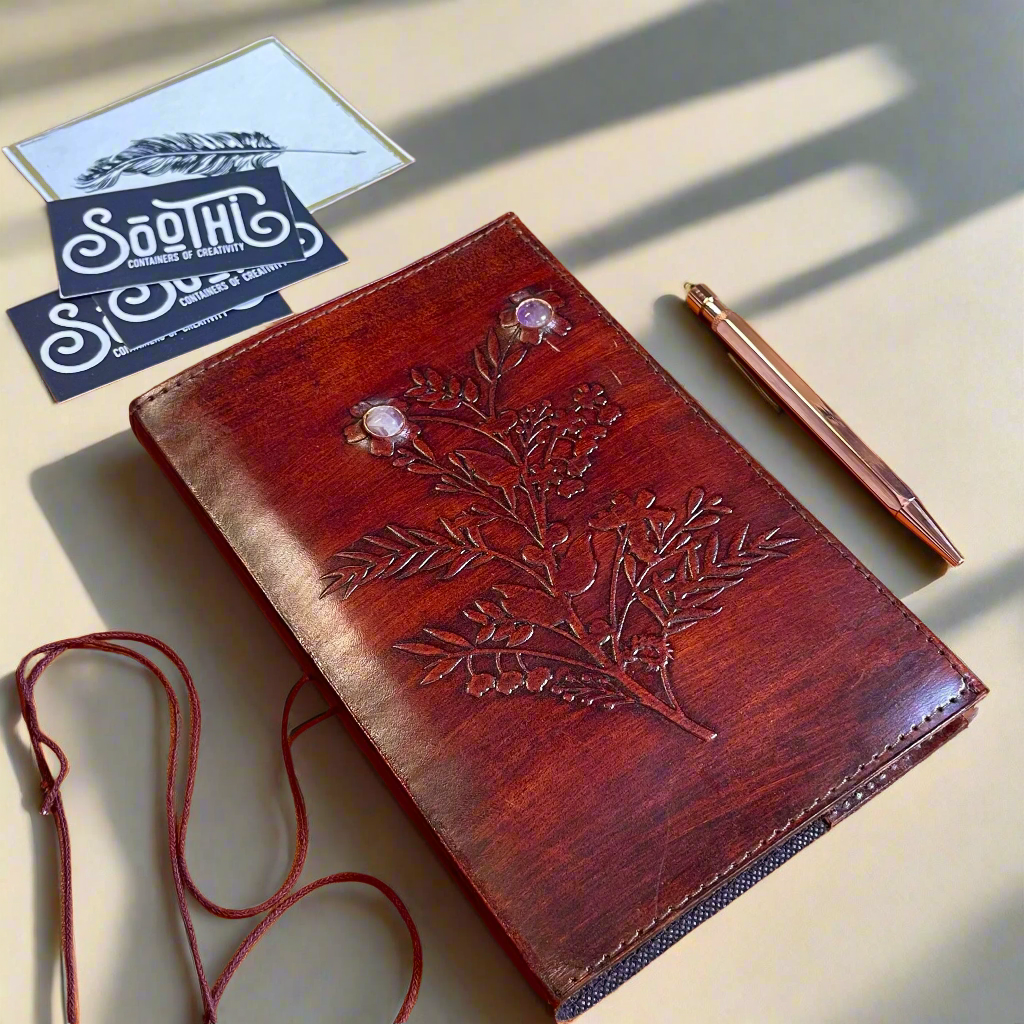 Flower Garden Refillable Leather Journal with Amethyst & Floral Stone